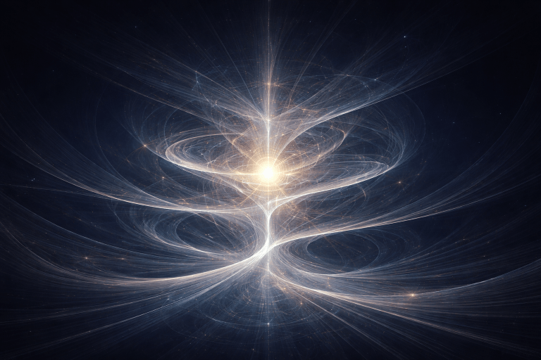 Conceptual image of identity architecture and structural orientation by Renata Clarke, illustrating the transition from ambition, aspiration, and purpose to structure-led movement. Dark navy field with luminous layered structures organising around a central core, representing internal drivers, identity development, and structural coherence.