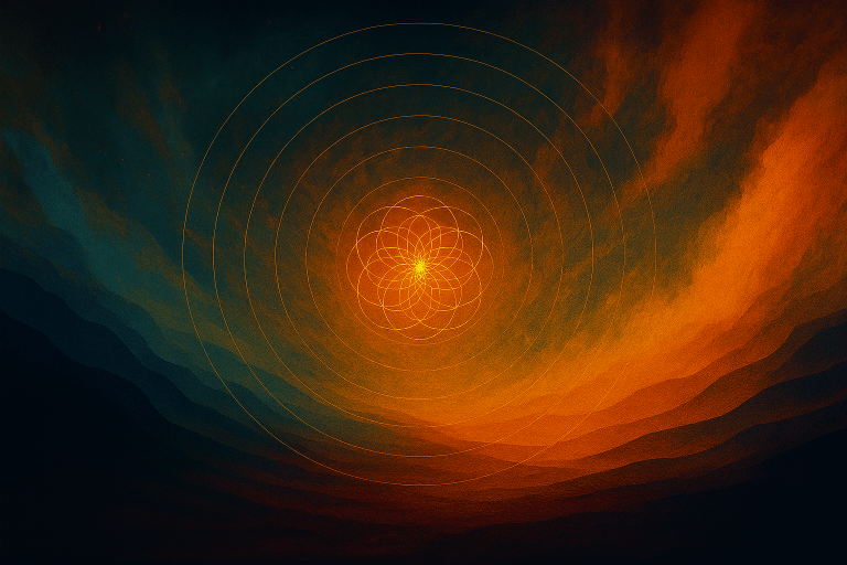 A conceptual landscape artwork in deep blues and fiery oranges, featuring a glowing, structured central field composed of interlocking geometric loops. Radiating circular patterns expand outward from the centre, symbolising identity as a dynamic organising system. Soft layers of mountains and atmospheric colour gradients surround the luminous core, creating a sense of depth, movement, and internal transformation. The visual represents themes of structural identity, internal coherence, and system reorganisation explored by Renata Clarke.