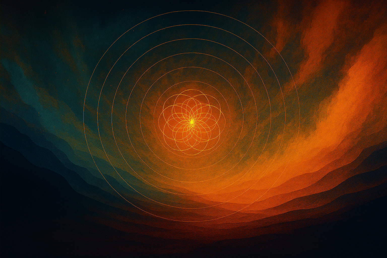A conceptual landscape artwork in deep blues and fiery oranges, featuring a glowing, structured central field composed of interlocking geometric loops. Radiating circular patterns expand outward from the centre, symbolising identity as a dynamic organising system. Soft layers of mountains and atmospheric colour gradients surround the luminous core, creating a sense of depth, movement, and internal transformation. The visual represents themes of structural identity, internal coherence, and system reorganisation explored by Renata Clarke.