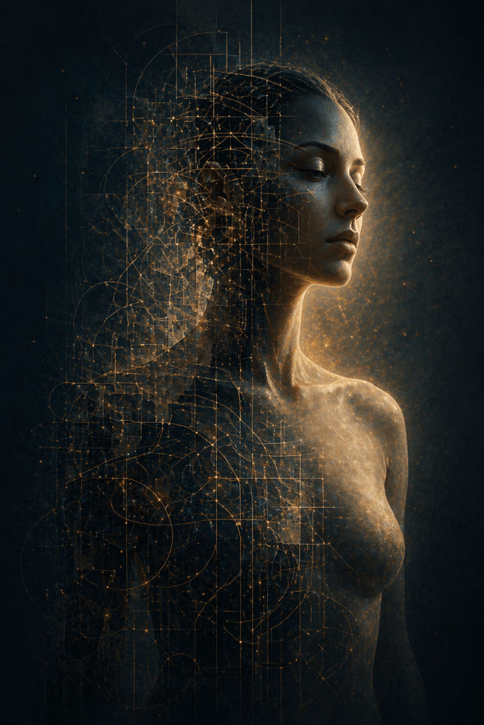 Conceptual identity and branding artwork by Renata Clarke showing a human figure partially emerging from geometric structure, symbolising identity blueprint, structural identity core, and the transition from internal organising logic to consistent expression, personal brand clarity, and aligned visibility