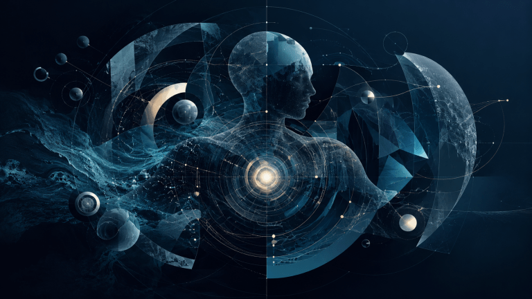 Abstract feature image for an essay on identity architecture, self and ego, showing a translucent human figure with a glowing core, layered geometric structures, protective forms and shifting internal patterns that symbolise internal authority, ego configuration, structural identity development and the centre of gravity within the system.