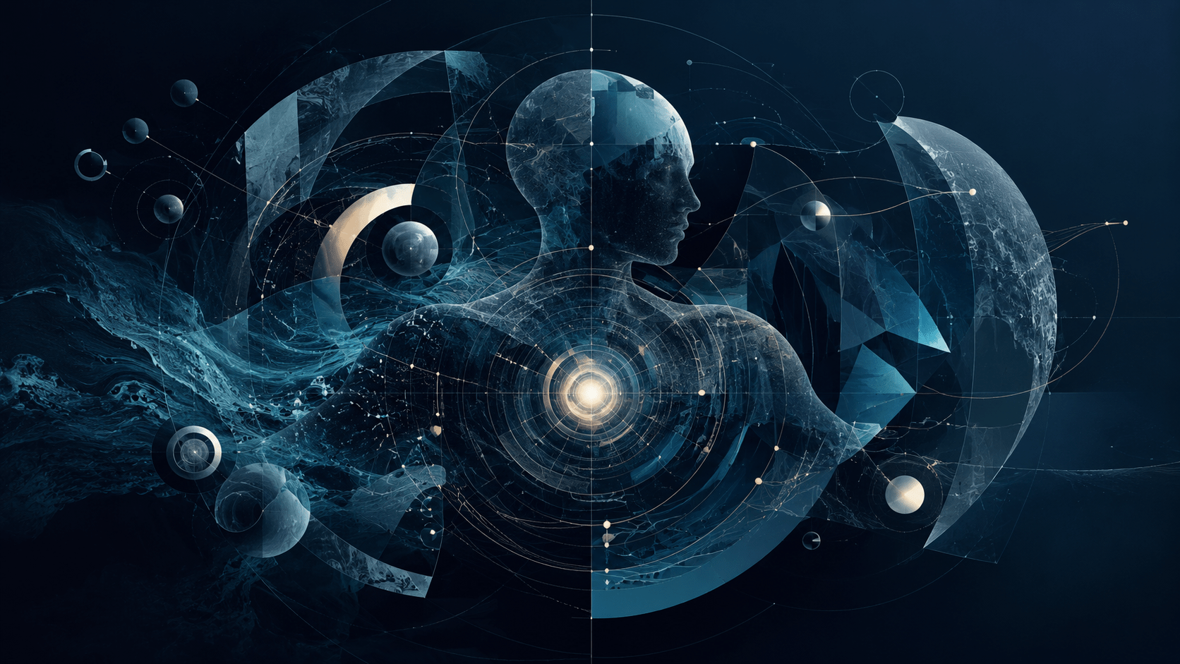 Abstract feature image for an essay on identity architecture, self and ego, showing a translucent human figure with a glowing core, layered geometric structures, protective forms and shifting internal patterns that symbolise internal authority, ego configuration, structural identity development and the centre of gravity within the system.