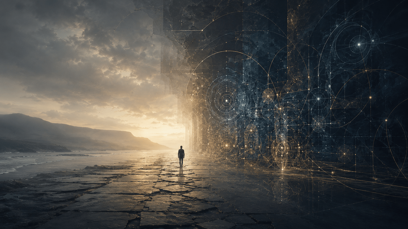 Conceptual landscape artwork depicting a solitary figure standing at the threshold between ordinary reality and deeper hidden structures becoming visible beneath the surface. One side of the scene shows the familiar world of lived experience, while the other reveals intricate geometric architecture symbolising the unseen organisational patterns that shape identity, perception, behaviour and development. Atmospheric indigo, charcoal and gold tones create a powerful visual metaphor for identity development, developmental psychology, transformative change, identity reorganisation and the hidden structures underlying human experience.