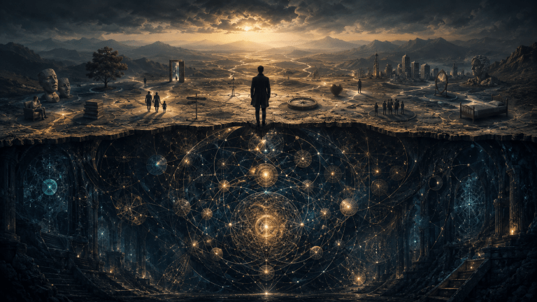 A solitary figure stands at the edge of a vast landscape where the visible world of roles, relationships, achievements, beliefs, life choices and personal experiences rests above an intricate hidden architecture of interconnected geometric structures. Beneath the surface, elegant patterns reveal the deeper organisation shaping identity, development and human behaviour. Cinematic indigo, teal and gold tones create a contemplative atmosphere, symbolising identity architecture, developmental reorganisation, systems thinking and the hidden structures that organise human experience.