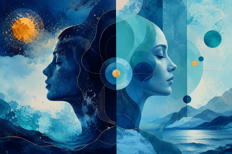 Abstract illustration of two human profiles representing identity and self-concept, showing the relationship between underlying identity structure, self-perception, personal narrative, and psychological development.