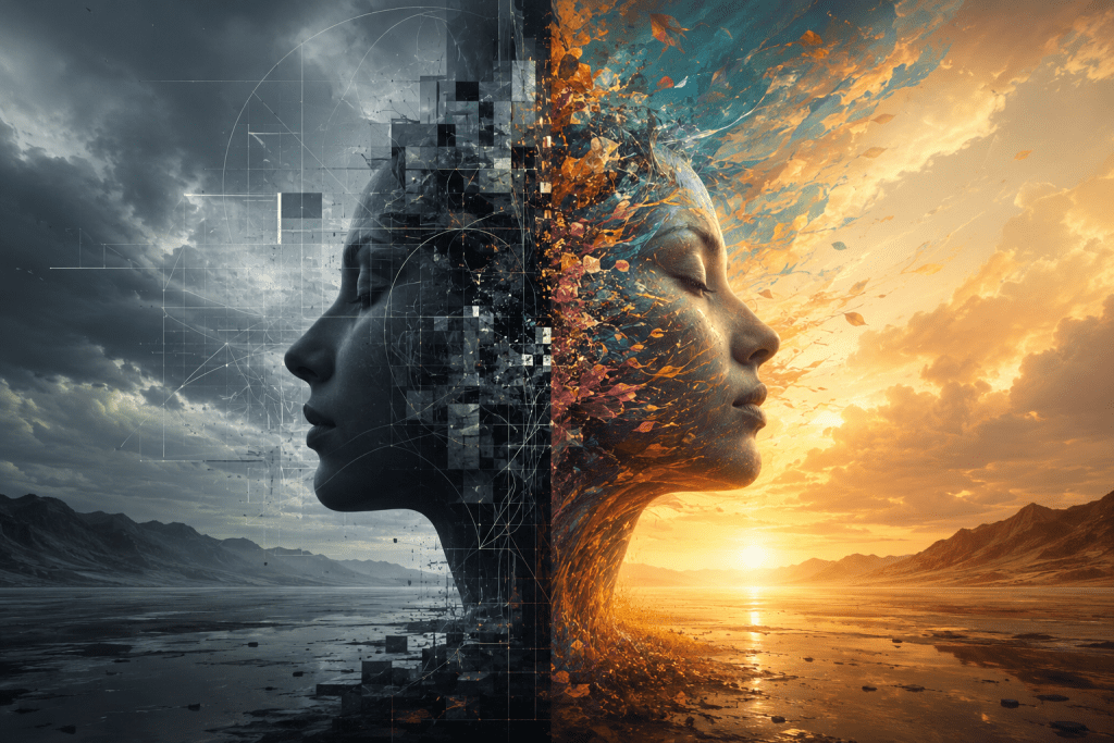 Conceptual illustration of identity and personality, showing a human face divided between structured geometric patterns and fluid organic expression, representing the distinction between identity as an organising structure and personality as outward expression. Article by Renata Clarke.