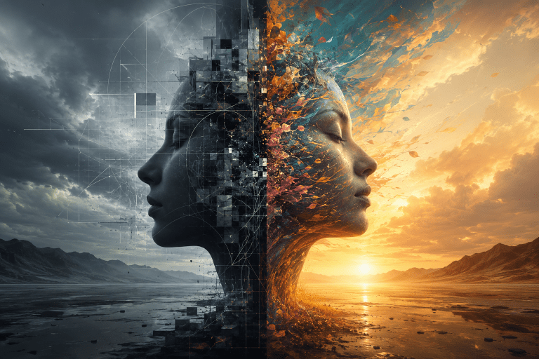 Conceptual illustration of identity and personality, showing a human face divided between structured geometric patterns and fluid organic expression, representing the distinction between identity as an organising structure and personality as outward expression. Article by Renata Clarke.