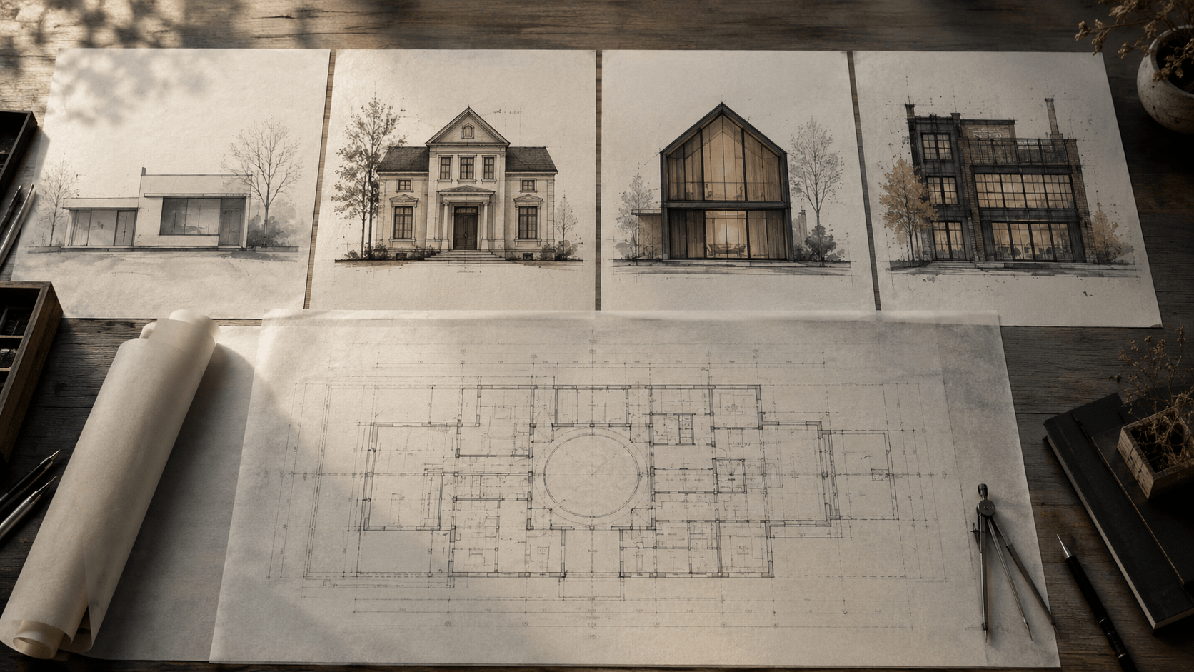 Architectural blueprints representing identity architecture and structural identity development. Featured essay image by Renata Clarke exploring adaptive change versus developmental transformation.