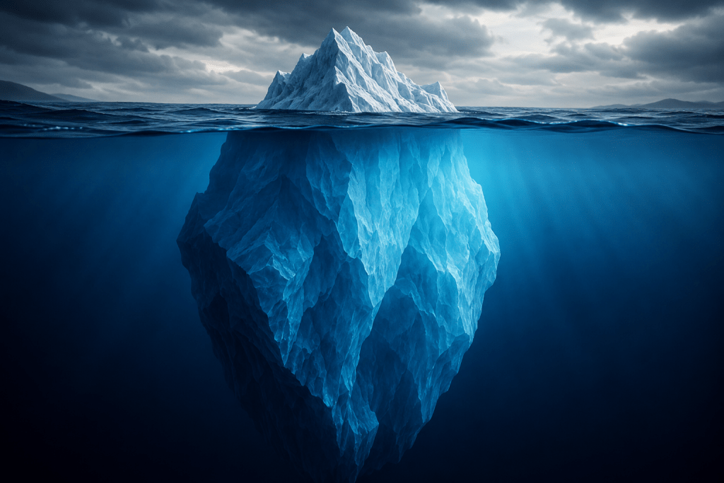Identity development concept by Renata Clarke featuring an iceberg with a small visible tip and a massive hidden structure beneath the water, representing core organising patterns, structural identity, self-awareness, and what lies underneath personal narratives.