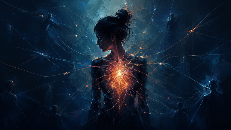 Abstract dark blue and teal illustration of a woman connected to luminous relational threads, representing identity, family roles, function and selfhood.