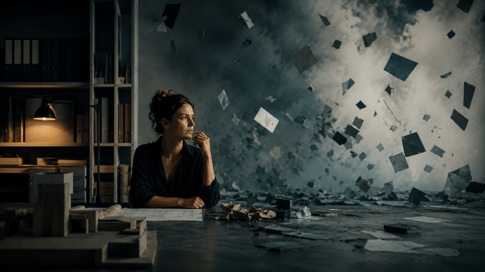 Woman observing a fragmented workspace during a period of identity reorganisation and uncertainty