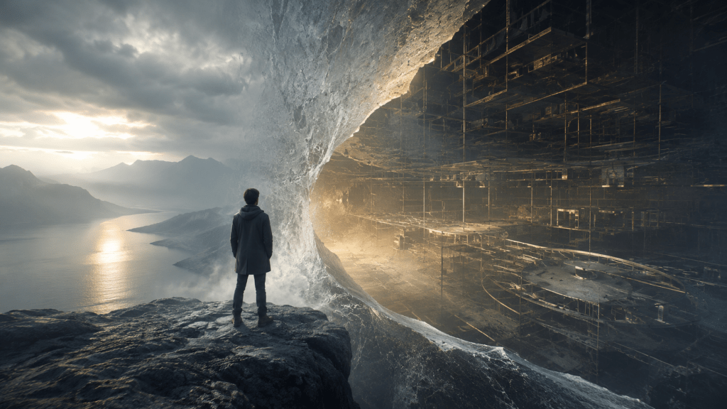 A solitary figure walks through a wide surreal landscape of mist, arches, reflective pathways and hidden structural layers, with carefully placed cyan and magenta light accents. The image represents identity development, liminal space, inner reorganisation, perception shifts and the movement between familiar self-understanding and deeper identity architecture.