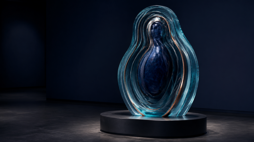 Layered blue-glass sculpture with refined outer shells around a sealed cobalt centre, representing pre-threshold adaptive identity improvement cycles.