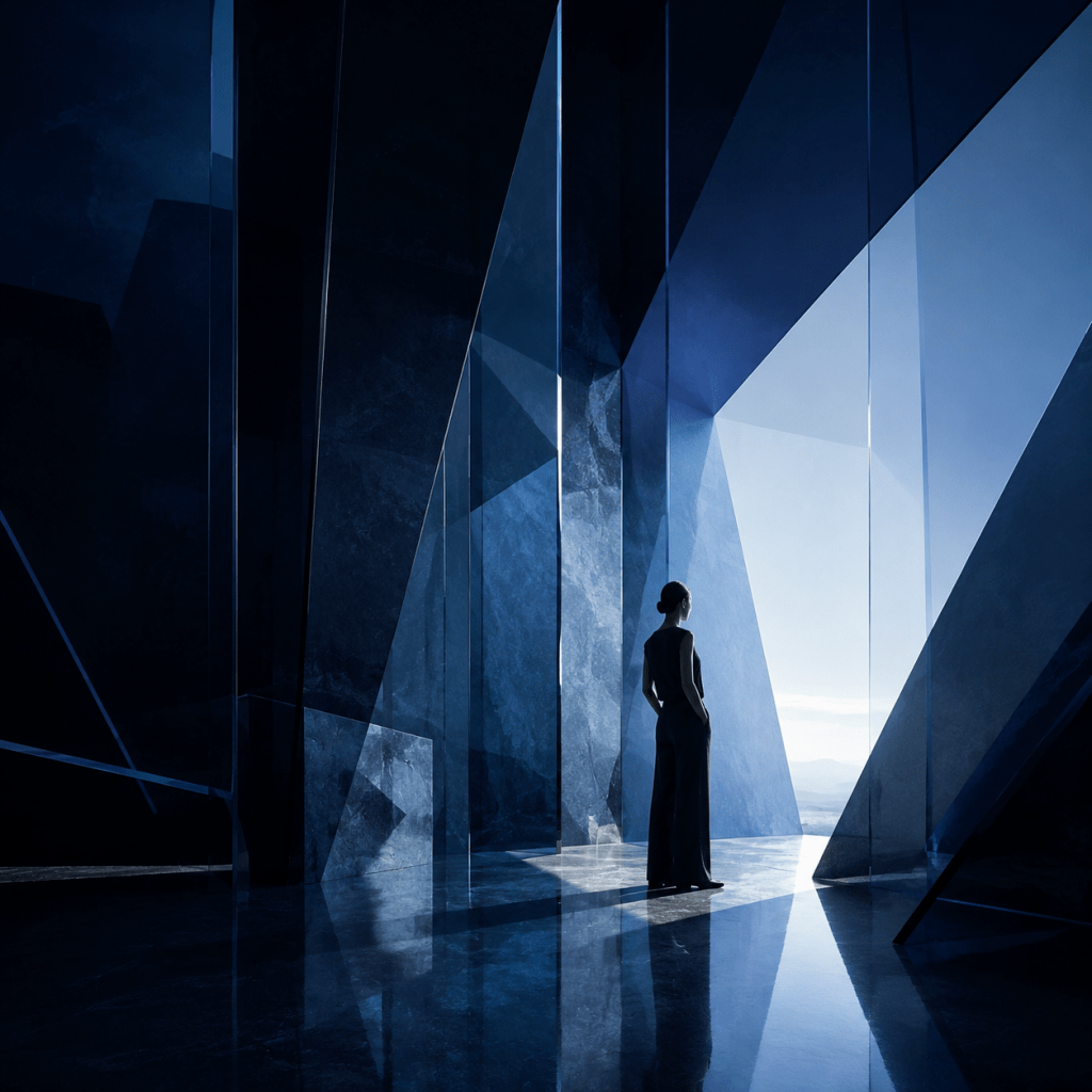 Woman standing in a luminous navy architectural space, representing coherent leadership, visibility and public expression.