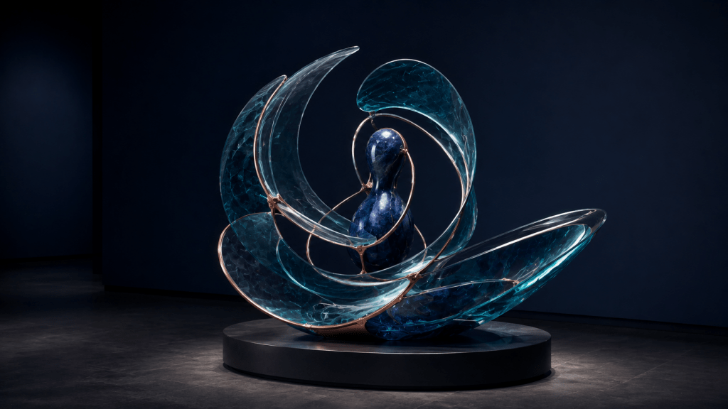 Open blue-glass sculpture reorganising around a stable cobalt centre, representing post-threshold developmental cycles and structural identity reorganisation.