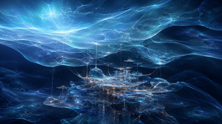 Expansive luminous field above a layered identity structure, representing consciousness expanding faster than identity can reorganise.