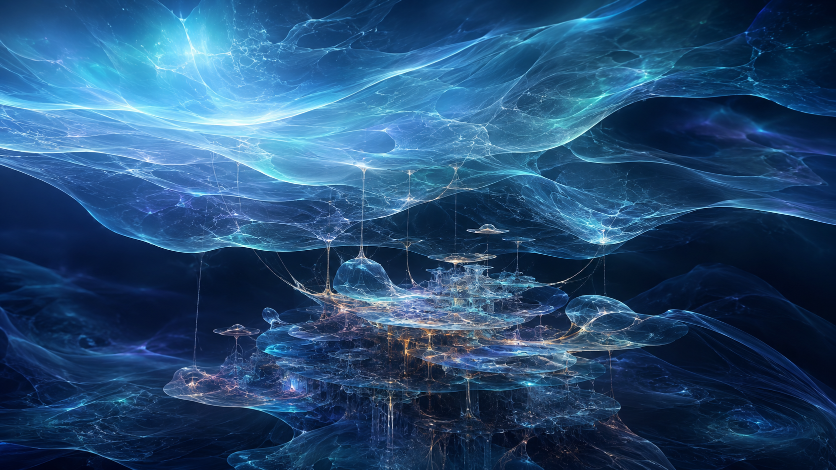 Expansive luminous field above a layered identity structure, representing consciousness expanding faster than identity can reorganise.