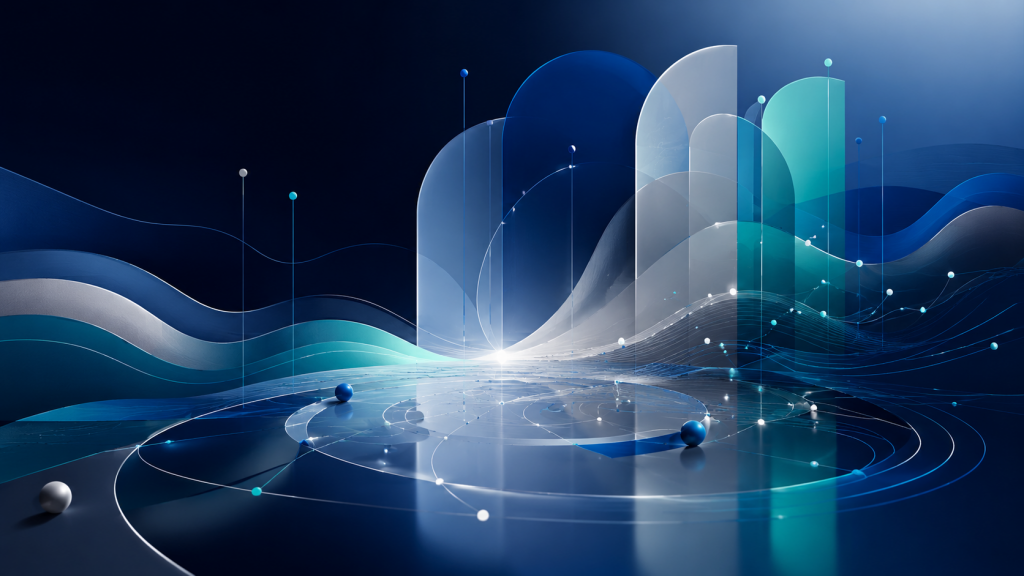 Abstract identity pattern explorer artwork with layered geometric forms, flowing lines and luminous nodes representing identity structure and reorganisation.