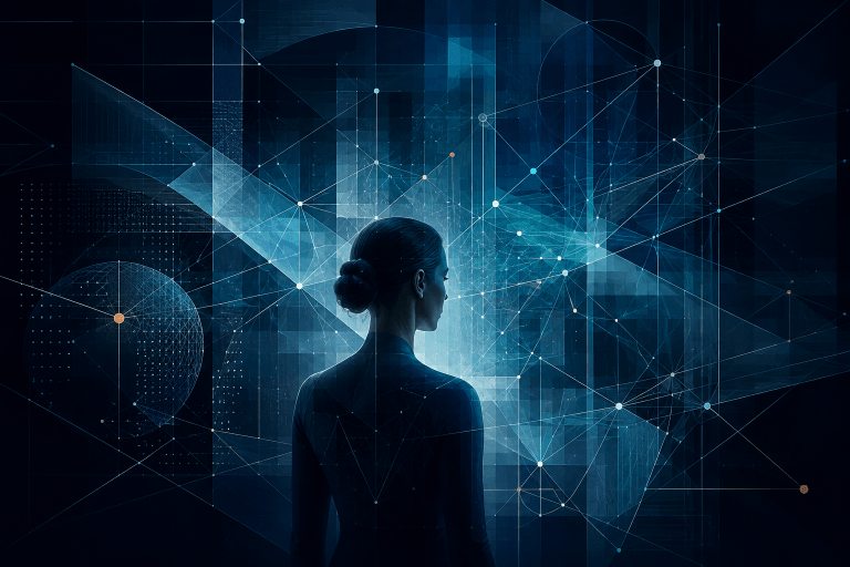 Woman surrounded by layered structural networks and interconnected patterns, representing identity architecture, internal organisation and the mapping of recurring identity dynamics.