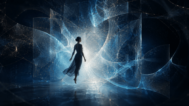 Symbolic artwork of a woman moving through a luminous liminal space, representing identity transition, inner reorganisation and transformation.
