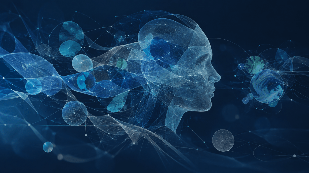 Abstract human profile formed through interconnected layers and symbolic fields representing self-concept, beliefs, meaning-making and interpretative identity narrative.