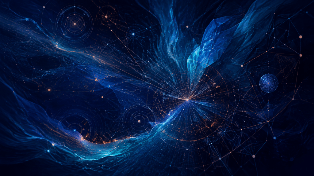 Abstract deep-blue network and crystalline structures representing Renata Clarke’s identity architecture research, conceptual writing and thought development.