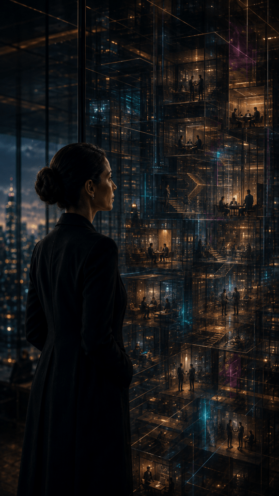 Conceptual leadership image showing a professional woman observing a vast glass office structure filled with layered scenes of work, meetings, ambition and decision-making. The image represents the post-threshold position in Renata Clarke’s Identity Architecture framework, where the wider organisation behind professional identity becomes partly visible and roles, preferences, ambition and sources of value can be examined rather than simply lived from within.