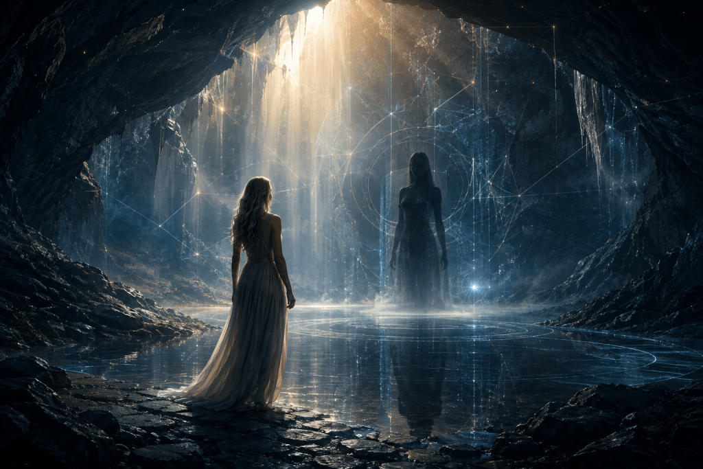 Woman facing a dark reflected figure within a luminous cavern, representing shadow, identity structure and the redistribution of internal authority.