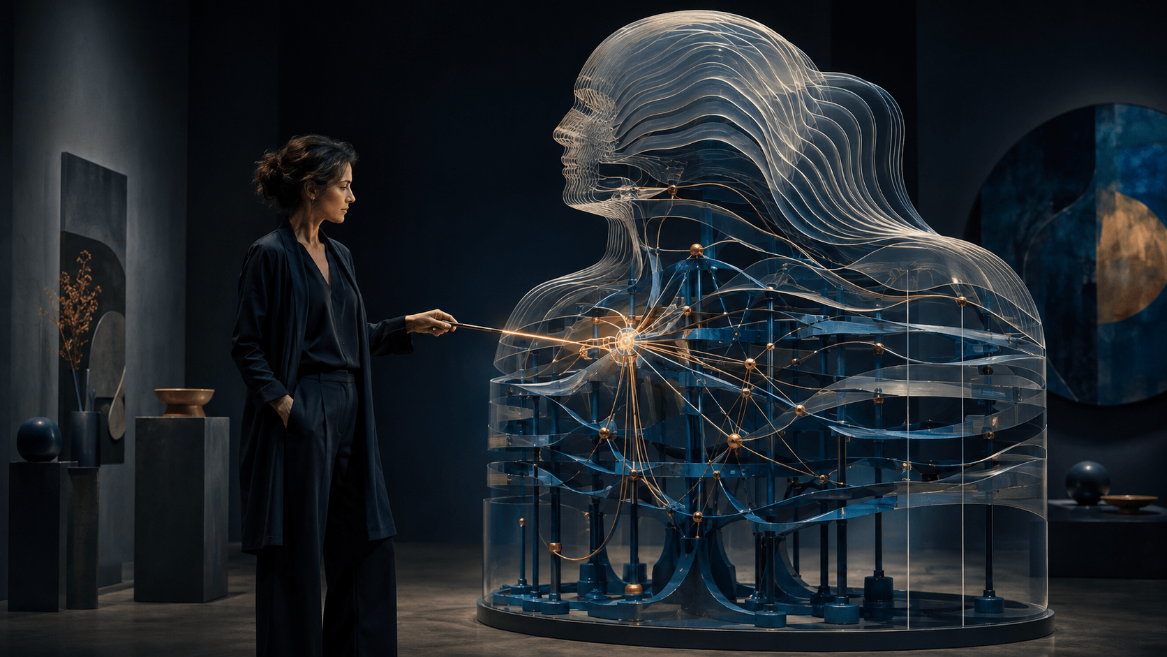 Woman examining a layered human identity structure, representing structural identity work and the deeper organisation beneath behaviour, roles and narratives.