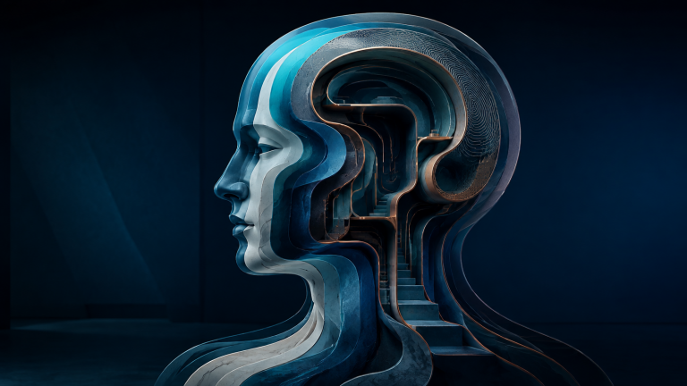 Layered sculptural human profile with internal pathways, representing human identity as a deeper organising structure beneath roles, narratives and expression.