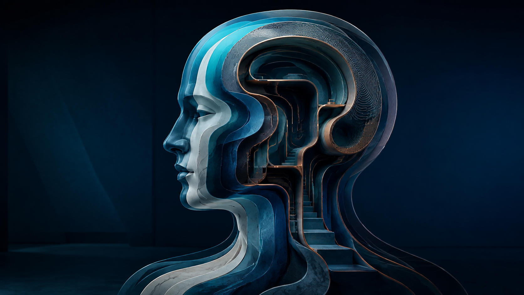 Layered sculptural human profile with internal pathways, representing human identity as a deeper organising structure beneath roles, narratives and expression.
