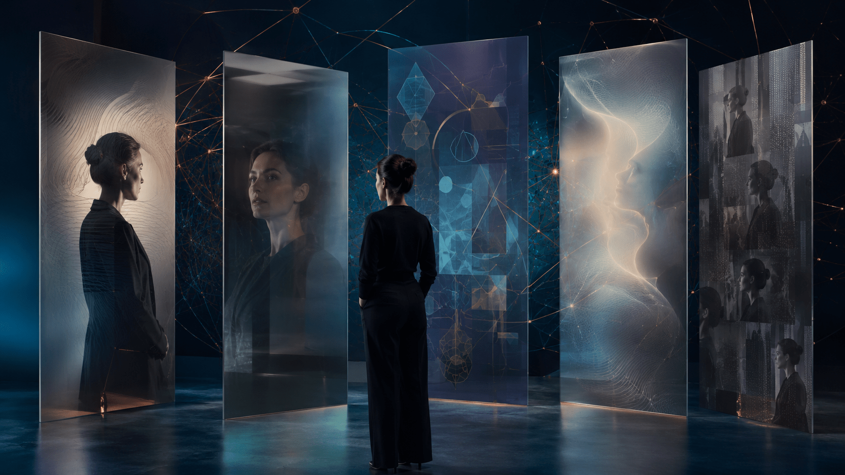 Woman among translucent panels representing roles, self-concept, beliefs and the soul, illustrating confusion about what human identity is.