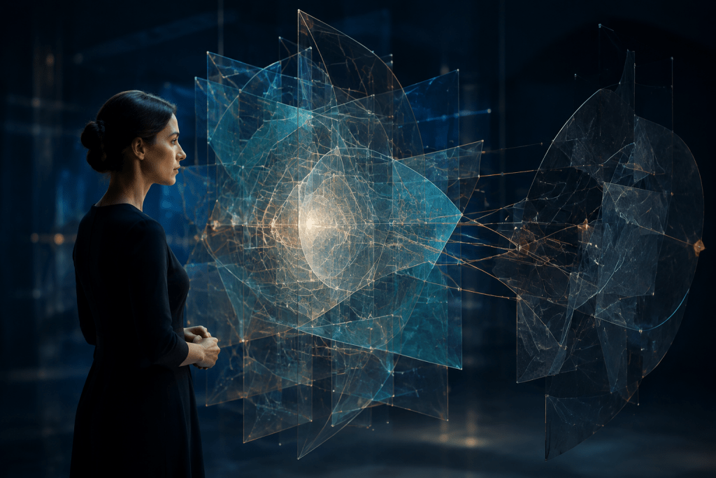 Woman observing a layered identity structure with a connected shadowed section, representing shadow integration within the wider identity system.