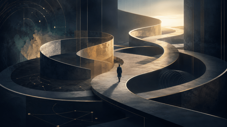Conceptual landscape artwork showing a solitary figure walking through an elegant curved pathway that loops, turns and continues forward, symbolising identity development as sequential, cyclical and nonlinear rather than a straight progression. The image reflects Renata Clarke’s Identity Architecture framework, where development involves access, capacity, integration, governance, maturation and cumulative change through repeated cycles of reorganisation.