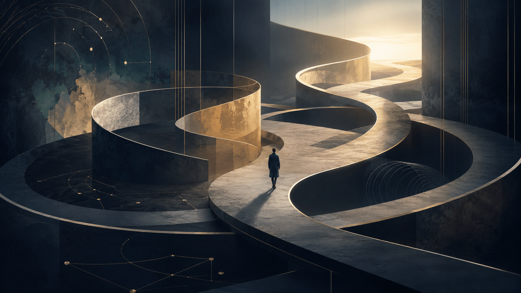 Conceptual landscape artwork showing a solitary figure walking through an elegant curved pathway that loops, turns and continues forward, symbolising identity development as sequential, cyclical and nonlinear rather than a straight progression. The image reflects Renata Clarke’s Identity Architecture framework, where development involves access, capacity, integration, governance, maturation and cumulative change through repeated cycles of reorganisation.