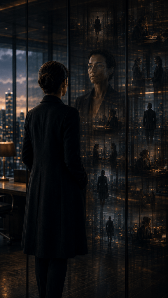 Conceptual leadership image showing a professional woman standing before layered glass reflections in a dark high-rise office, with repeated scenes of work, meetings and decision-making visible around her. The image represents the pre-threshold position in Renata Clarke’s Identity Architecture framework, where a person may be highly reflective and self-aware, yet still observes themselves from within the same underlying identity organisation rather than seeing the wider structure shaping roles, ambition, value and professional self-understanding.